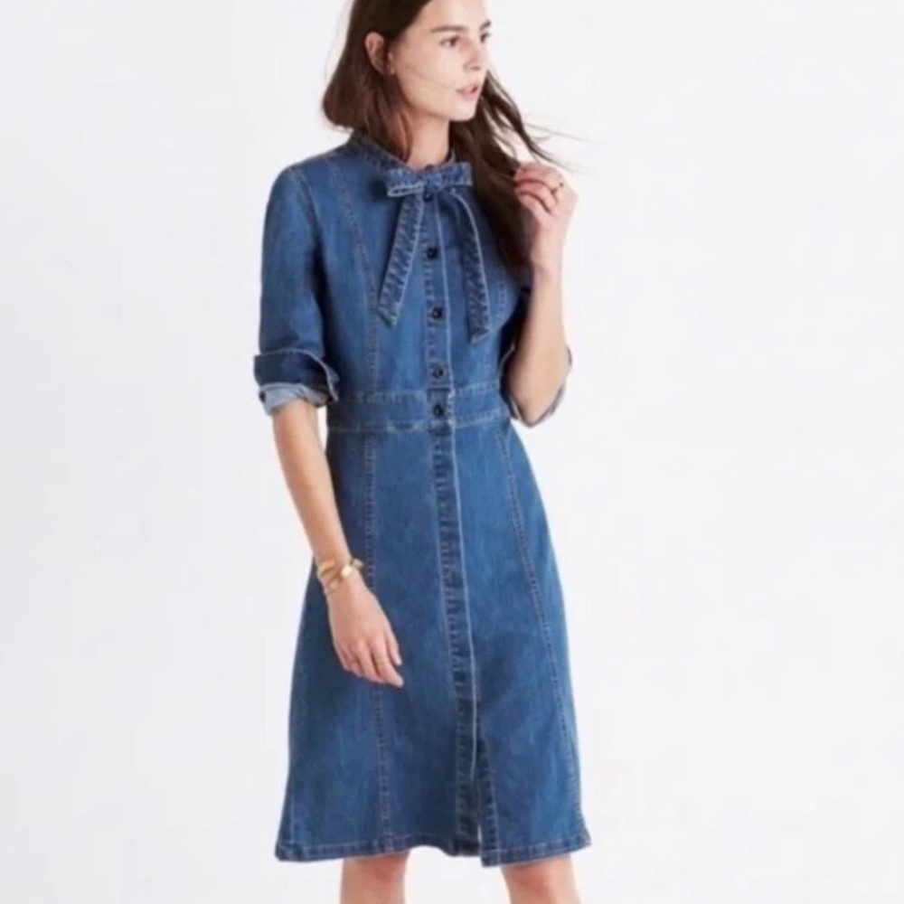 MADEWELL Blue Denim Tie Neck Button Down Shirt Dress Size Small